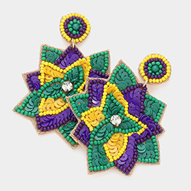 Felt Back Seed Beaded Mardi Gras Flower Dangle Earrings