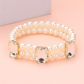 Rectangle Stone Accented Pearl Stretch Bracelet