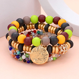 3PCS - Textured Metal Disc Charm Wood Faceted Beaded Stretch Bracelets