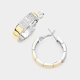 CZ Stone Paved Two Tone Metal Hoop Earrings