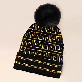 Bling Greek Pattern Pom Pom Beanie Hat