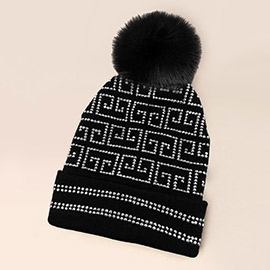 Bling Greek Pattern Pom Pom Beanie Hat