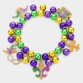 Mardi Gras Enamel Fleur de Lis Mask Crown Charm Stretch Bracelet