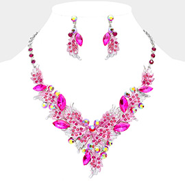 Marquise Stone Cluster Rhinestone Paved Leaf Embellished Evening Necklace