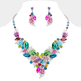 Marquise Stone Cluster Rhinestone Paved Leaf Embellished Evening Necklace