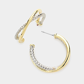 Two Tone Criss Cross Textured Metal Hoop Earrings