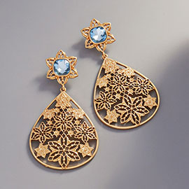 Square Stone Accented Metal Teardrop Snowflake	Filigree Dangle Earrings