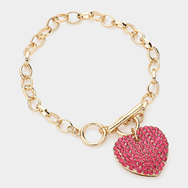 Stone Paved Heart Pendant Metal Toggle Bracelet