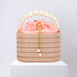 Bling Pearl Top Handle Drawstring Box Crossbody Bag