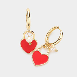 Enamel Heart Pendant Pearl Dangle Huggie Earrings