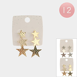 12PAIRS - Triple Metal Star Dropdown Earrings