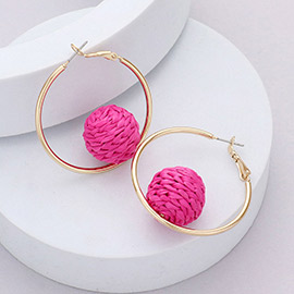 Raffia Wrapped Ball Pointed Metal Hoop Earrings