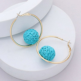 Raffia Wrapped Ball Pointed Metal Hoop Earrings