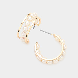 Pearl Accented Metal Split Hoop Earrings