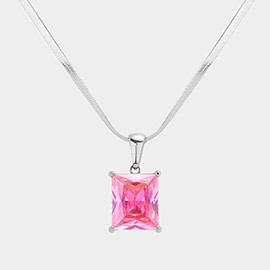 Stainless Steel CZ Rectangle Pendant Necklace