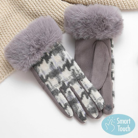 Big Houndtooth With Faux Fur Smart Touch Gloves