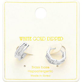 White Gold Dipped Stone Paved Duo Octagon Huggie Hoop Earrings