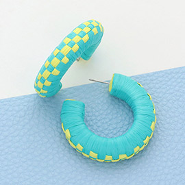 Raffia Wrapped Checkerboard Pattern Hoop Earrings