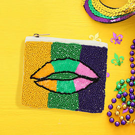 Mardi Gras Lips Seed Beaded Mini Pouch Bag