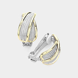 14K Gold Plated Two Tone Crisscross Textured Metal Clip On Earrings