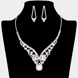 Teardrop Stone Accented Rhinestone Paved V Shape Necklace