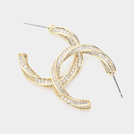 CZ Stone Paved Twisted Metal Hoop Earrings