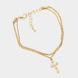 CZ Stone Pointed Cross Charm Brass Double Layered Chain Bracelet