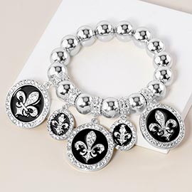 Stone Paved Fleur de Lis Disc Charm Metal Ball Stretch Bracelet