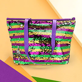 Mardi Gras Stripe Sequin Tote Shoulder Bag