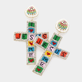 Felt Back JESUS Message Beaded Cross Dangle Earrings