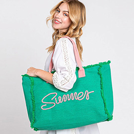 SUMMER Message Embroidered Fringe Canvas Tote Bag / Beach Bag