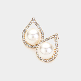 Rhinestone Paved Teardrop Trim Pearl Pointed Earrings