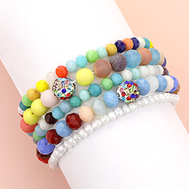 5PCS - Shamballa Ball Pointed Faceted Beaded Stretch Multi Layered Bracelets