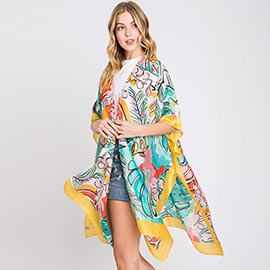 Hand Drawn Watercolor Tropical Leaves Kimono Poncho