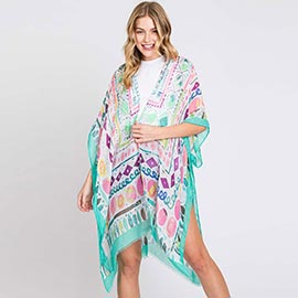 Watercolor Boho Geometric Print Kimono Poncho