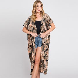 Tropical Leaves Print Self-tie Drawstring Open Front Cover Up Kimono Poncho