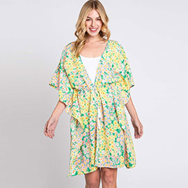 Flower Print Self-Tie Drawstring Open Front Cover-Up Kimono Poncho