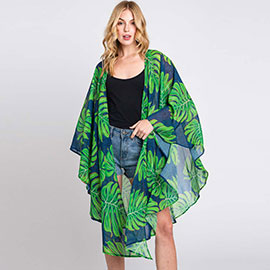 Tropical Leaves Print Shawl Cover-Up Kimono Poncho