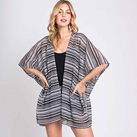 Multi Color Stripe Crochet Open Front Cover-Up Kimono Poncho