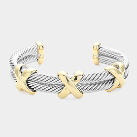 14K Gold Plated Two Tone Crisscross Pointed Double Twisted Metal Cuff Bracelet