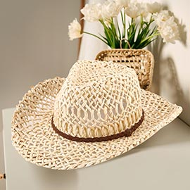 Band Detailed Open Weave Panama Cowboy Straw Hat