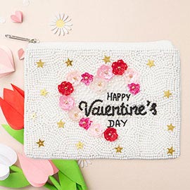 HAPPY VALENTINES DAY Message Flower Sequin Seed Beaded Mini Pouch Bag