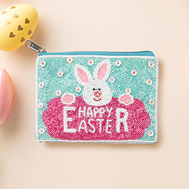 HAPPY EASTER Message Easter Bunny Seed Beaded Mini Pouch Bag