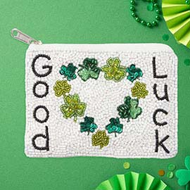 GOOD LUCK Message St Patricks Clover Heart Seed Beaded Mini Pouch Bag