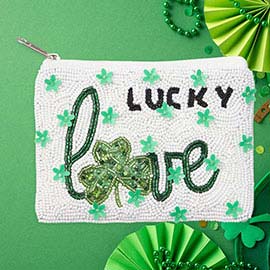 LUCKY LOVE St Patricks Clover Seed Beaded Mini Pouch Bag