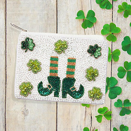 St Patricks Day Leprechaun Shoes Shamrock Clover Seed Beaded Mini Pouch Bag