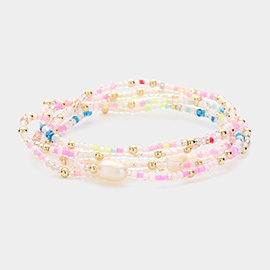 5PCS - Pearl Pointed Seed Beaded Stretch Multi Layered Bracelets