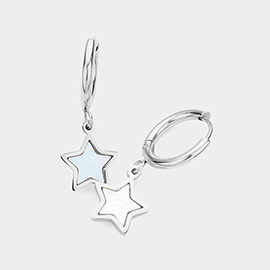 Stainless Steel Mother Of Pearl Star Dangle Huggie Earrings