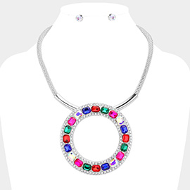 Stone Embellished Open O Pendant Statement Necklace