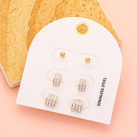 3PAIRS - Stainless Steel Rhinestone Paved Stud Earrings Set